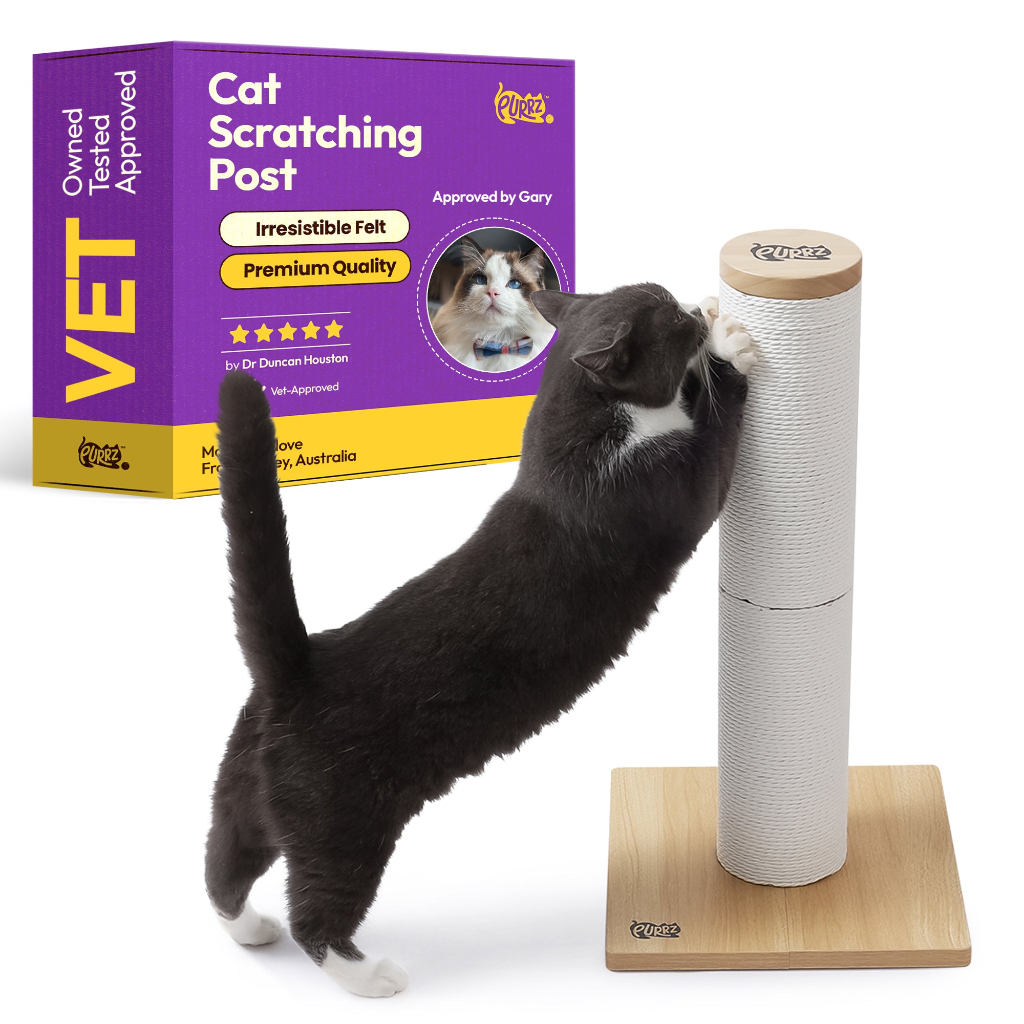 Cat Scratching Pole – 60cm Tall, 12cm Diameter, 30×30cm Wooden Base – Durable Paper Rope Sisal-Style Post, Stable Anti-Tip Base, Lounger-Friendly, Protects Furniture – White or Half-Blue/White Rope