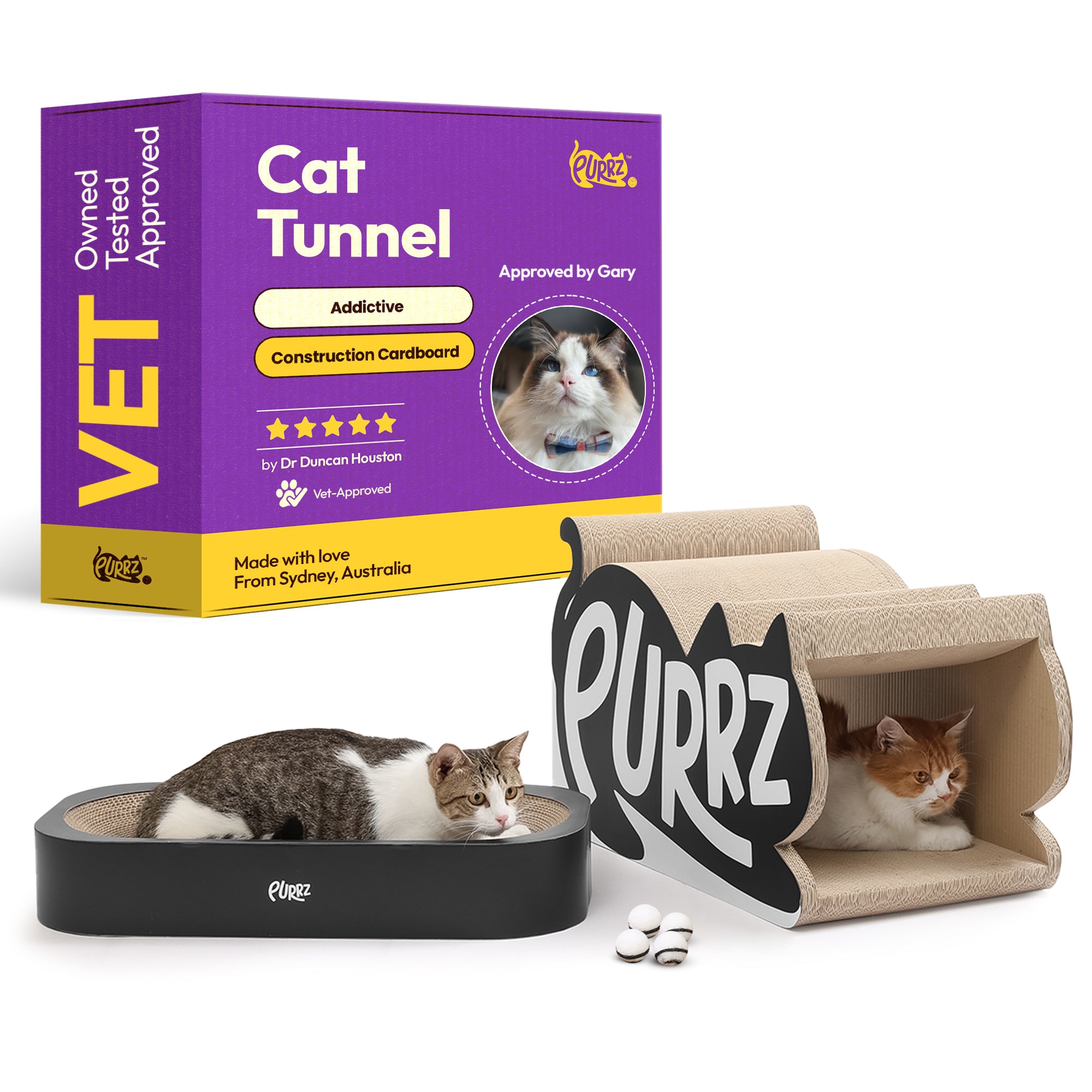 Cardboard Cat Logo Tunnel – Durable Cardboard Play Tunnel, Hideaway & Scratcher