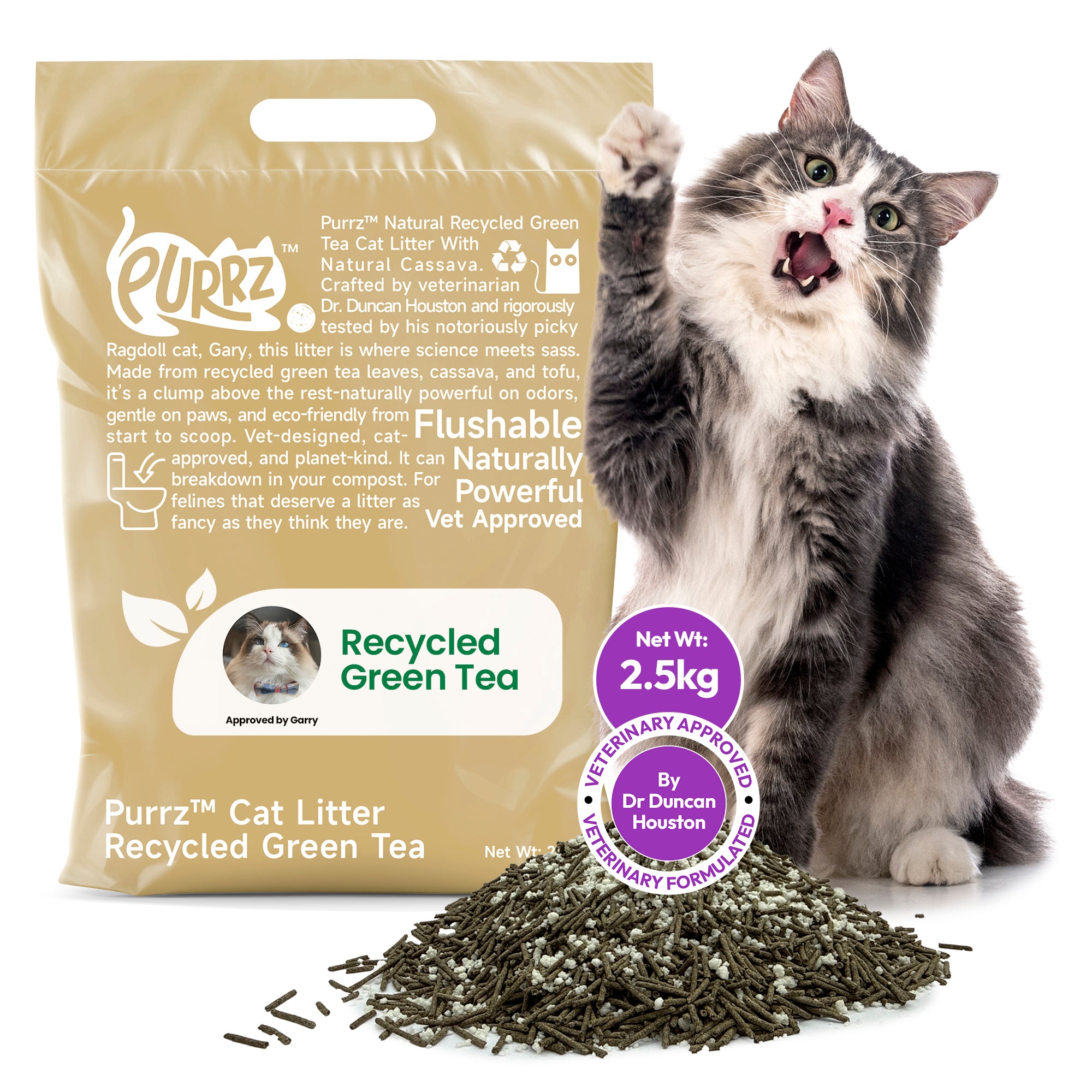 Recycled Green Tea Cat Litter – Natural Flushable Cassava & Tofu Formula – Eco-Friendly, Odor-Control, Vet Approved