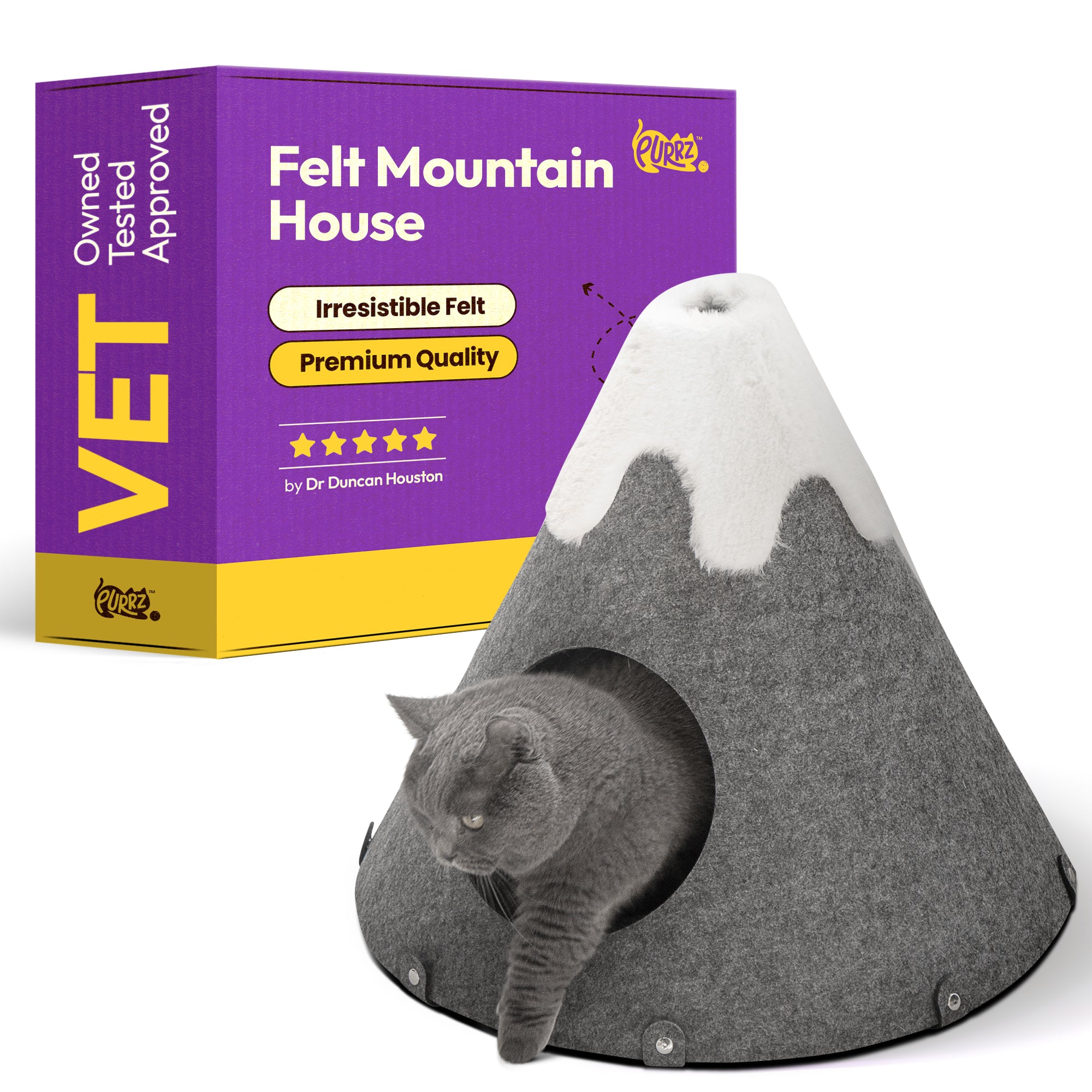 PURRZ Mountain Cat Cave House Home for Indoor Cats – Felt Cat Hideaway, Foldable and Easy to Clean – Cozy Enclosed Bed for Cats and Small Pets - (Grey and White, Small)