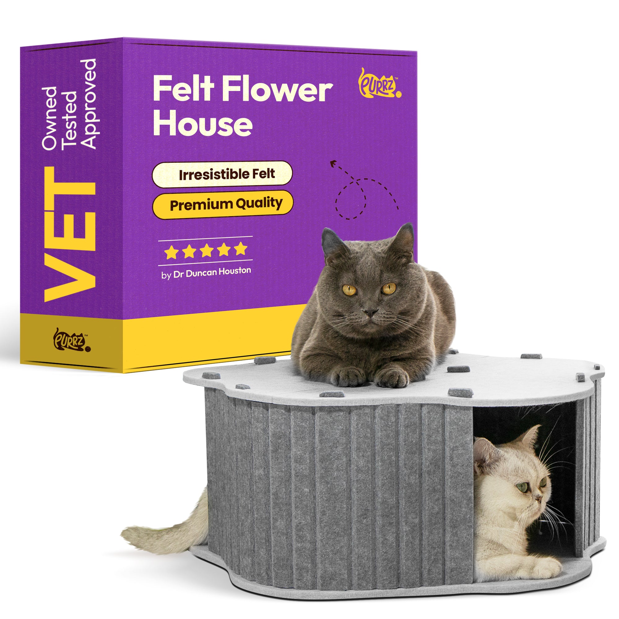 Flower Cat Cave Tunnel House Home for Indoor Cats – Felt Cat Hideaway, Foldable & Scratch Resistant – Cozy Flower-Shaped Bed for Cats & Small Pets -  (Grey and White, Small)