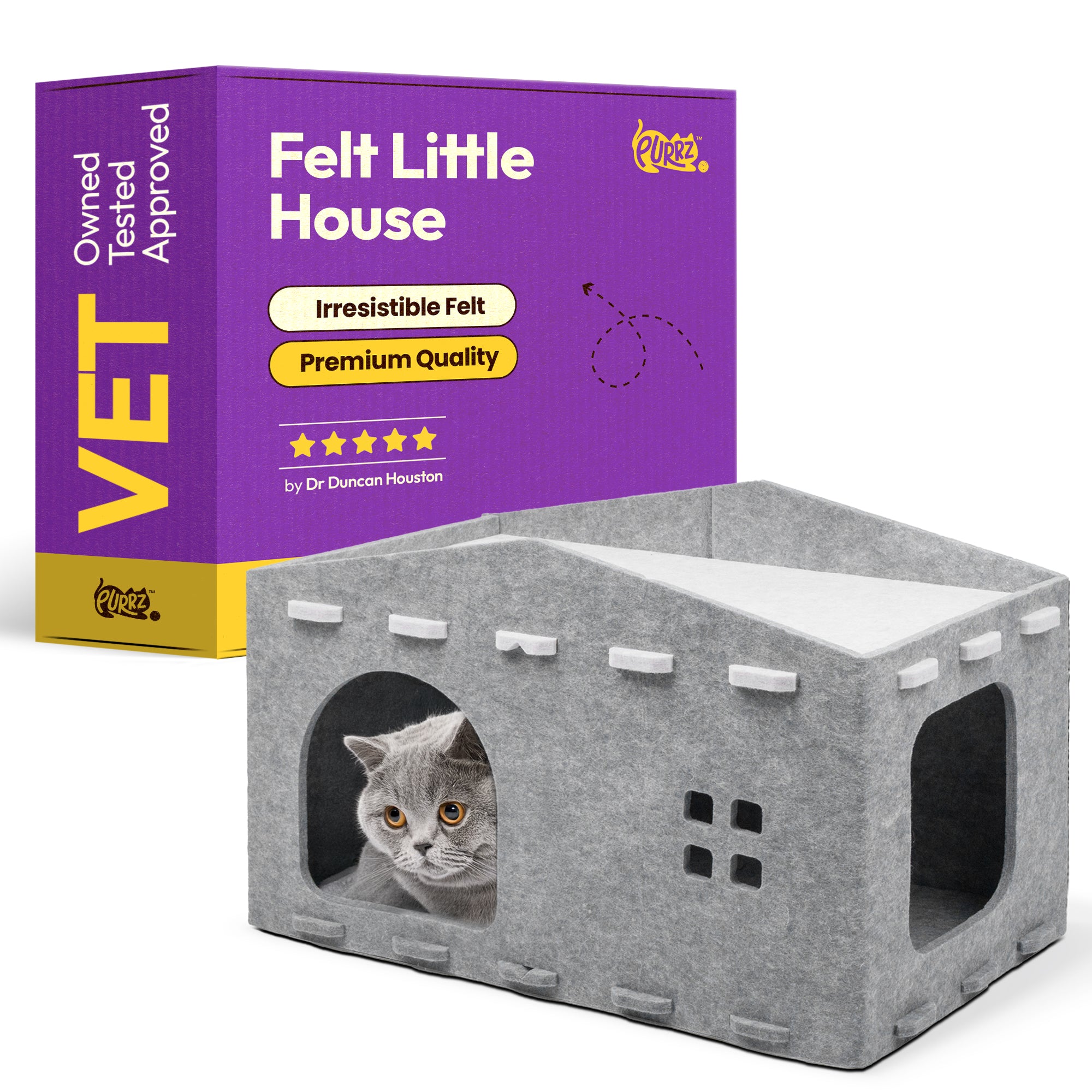 PURRZ Cat Felt House | Indoor Cats Cave, Kitten Bed, Furniture Hideaway (Grey, Medium)