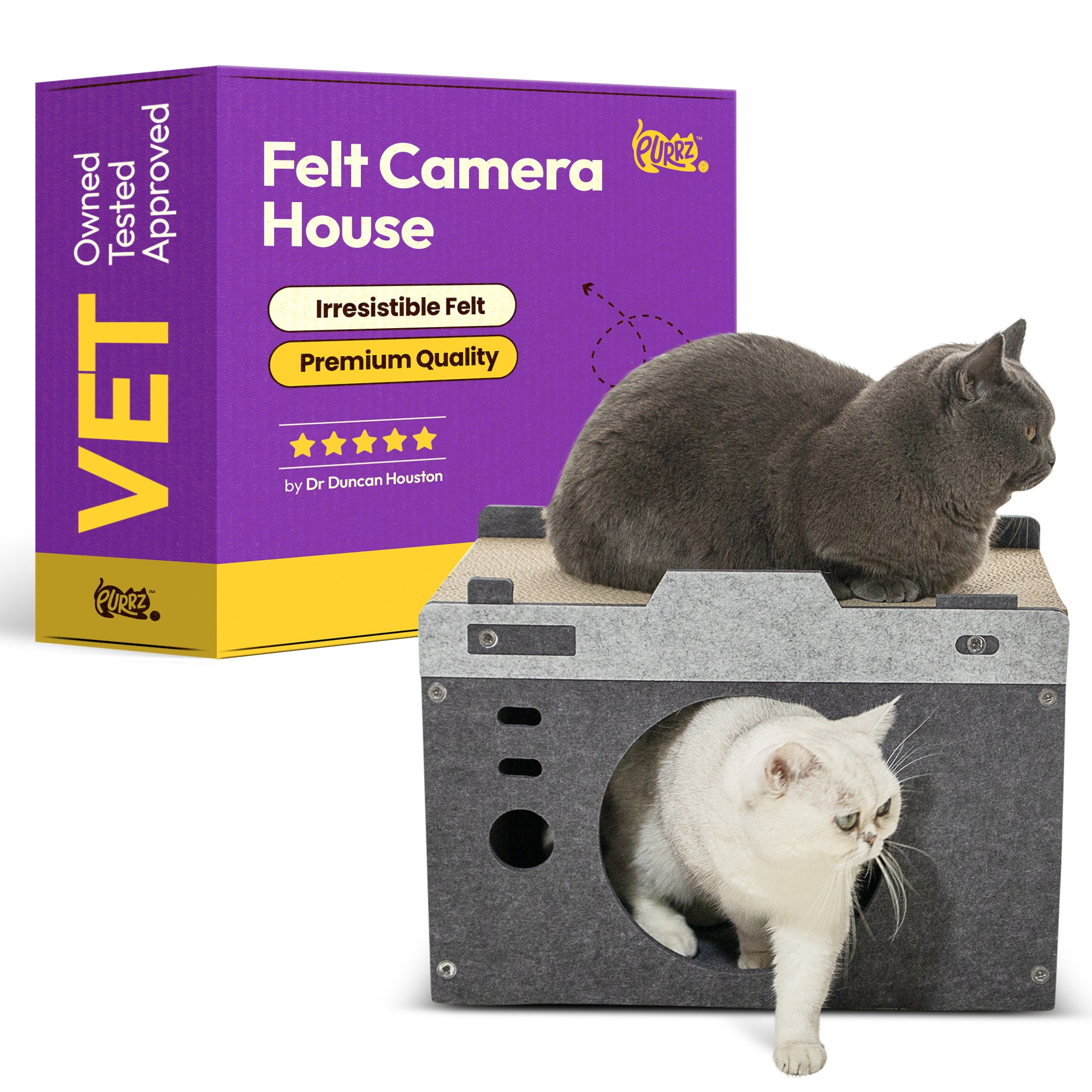 Felt Camera Condo – Soft & Durable Bed and Hideaway for Indoor Cats – Stylish Camera-Inspired Design – Multi-Functional Cave, Play Tunnel, and Cozy Bed - (Grey, Medium)