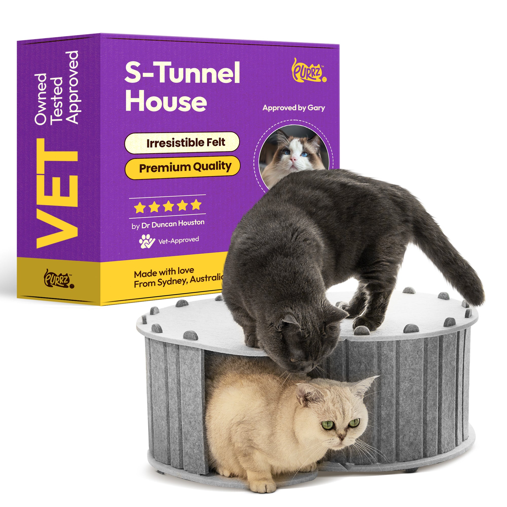 Cat Felt S-Tunnel – Soft Felt 3-in-1 Cat Cave, Tunnel Bed & Donut Hideaway