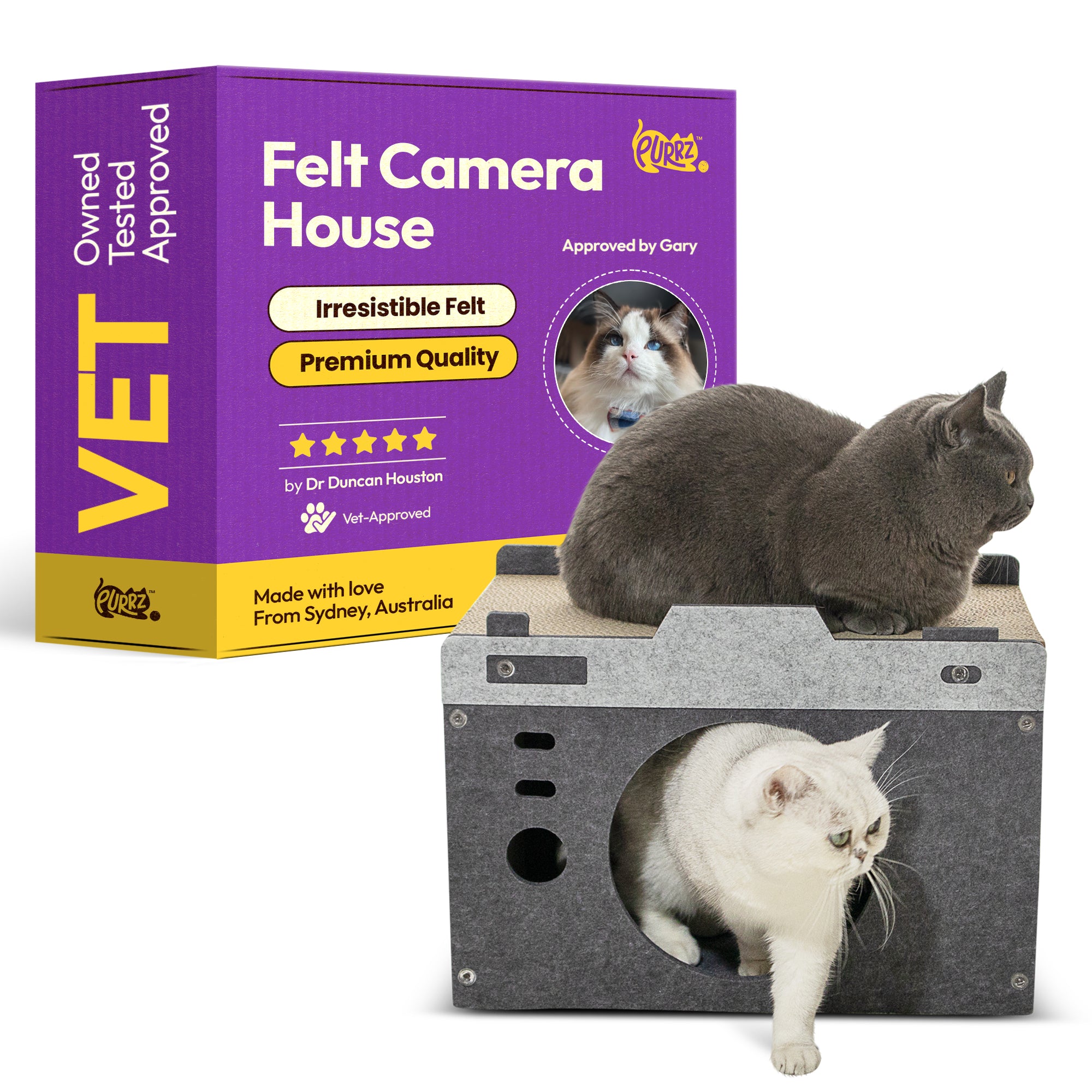 Camera Cat Scratcher House – Felt & Cardboard Bed, Hideaway & Play Space