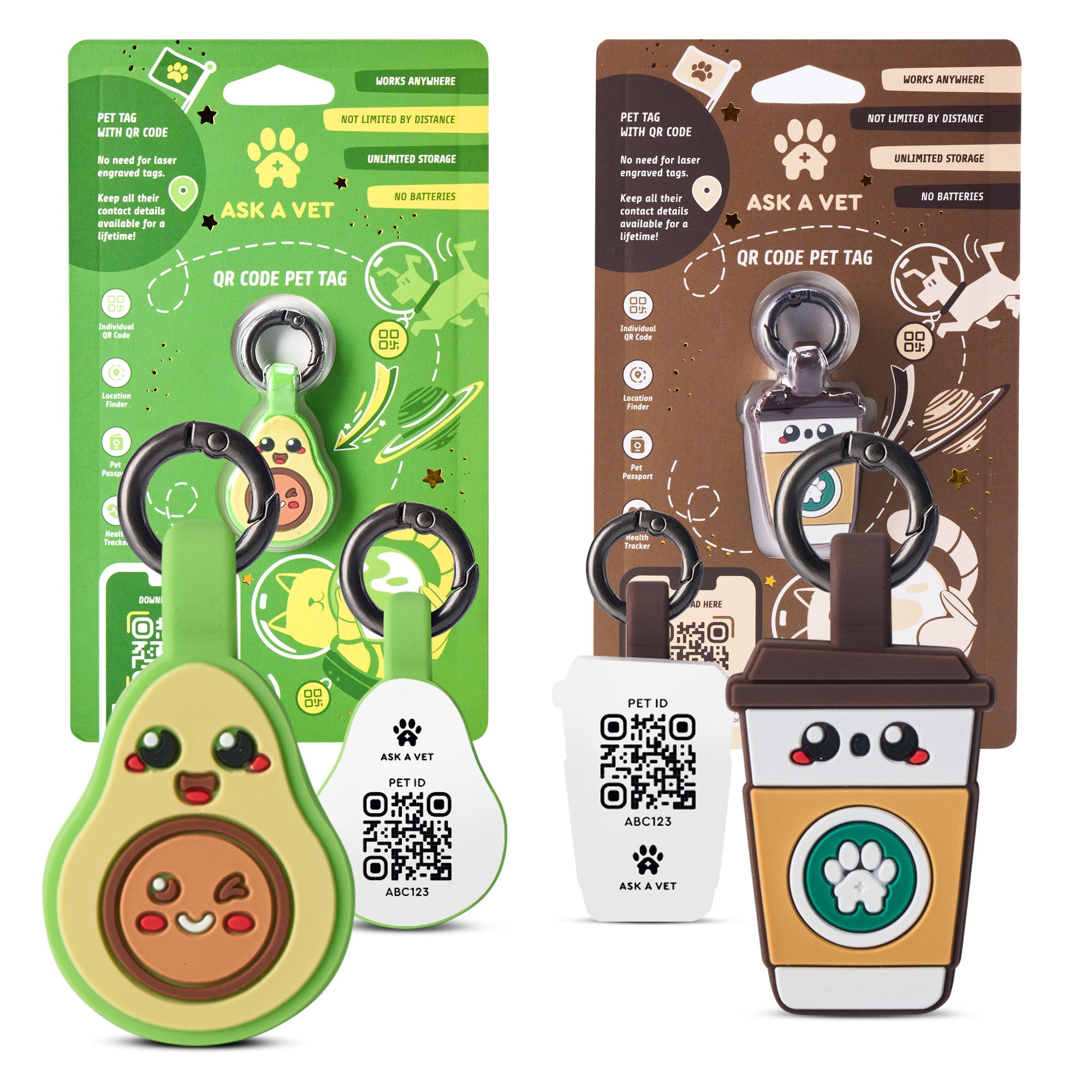 Two pet tags with packaging, one avocado-themed and one coffee cup-themed, on a white background.