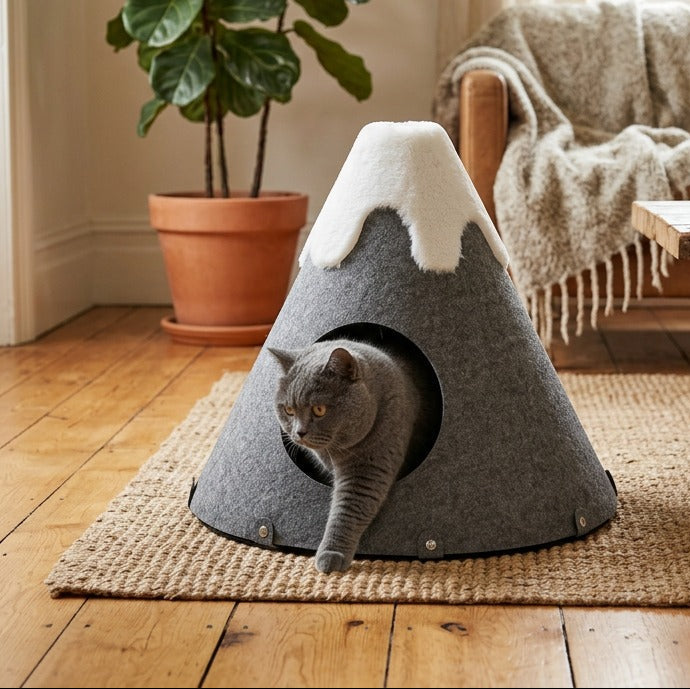 Cat playing with a gray cone-shaped pet bed in a cozy living room.