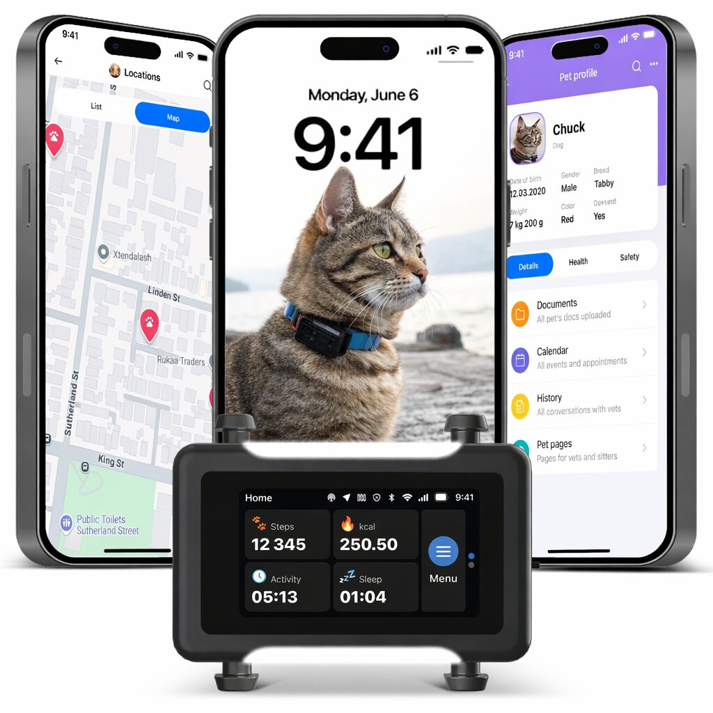 Smart pet tracker with smartphone app interface displaying a cat and various app screens.