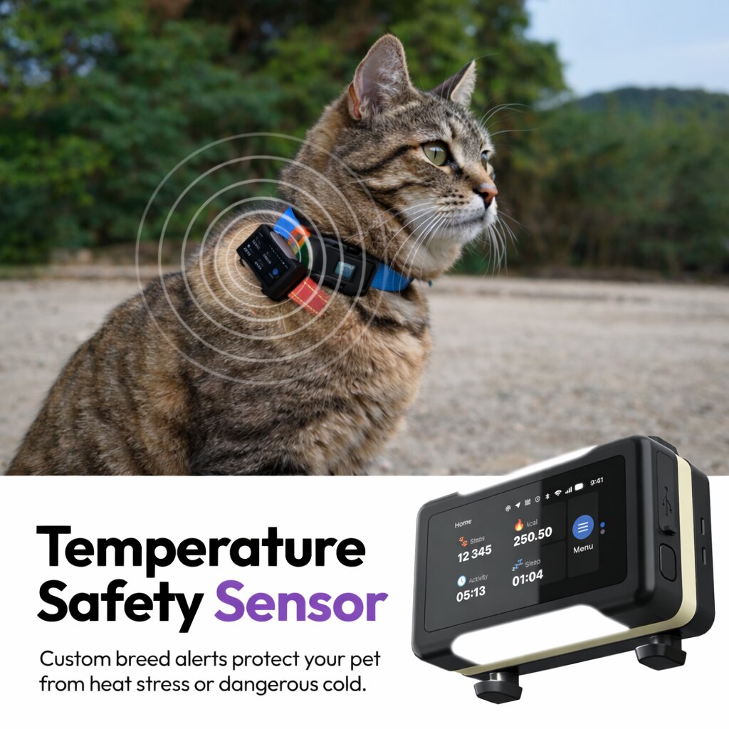 Cat wearing a temperature safety sensor collar with a close-up of the device displaying temperature data.