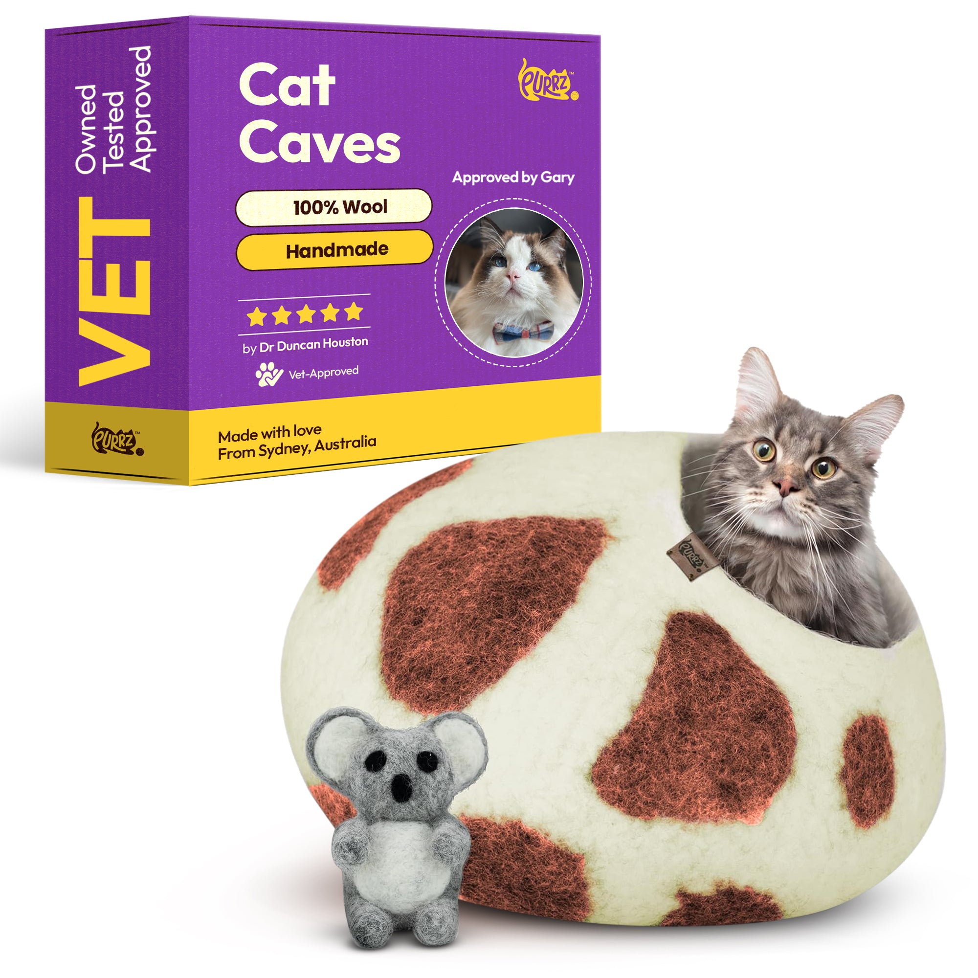 Handmade Merino Wool Cat Cave – Cozy, Calming & Hypoallergenic Hideaway for Cats & Small Pets (Brown Cow)