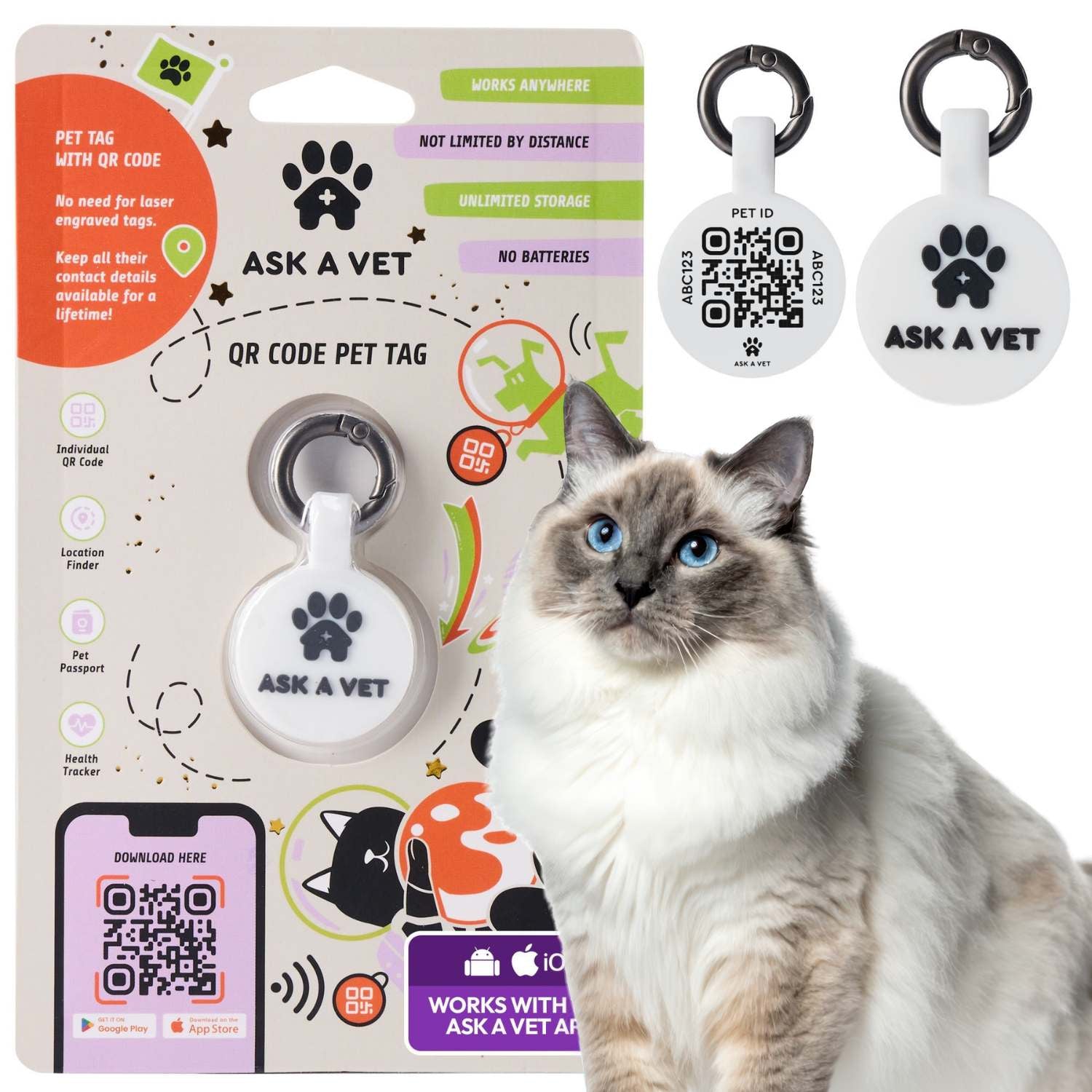 Pet ID tag with QR code, packaging, and a cat sitting next to them.