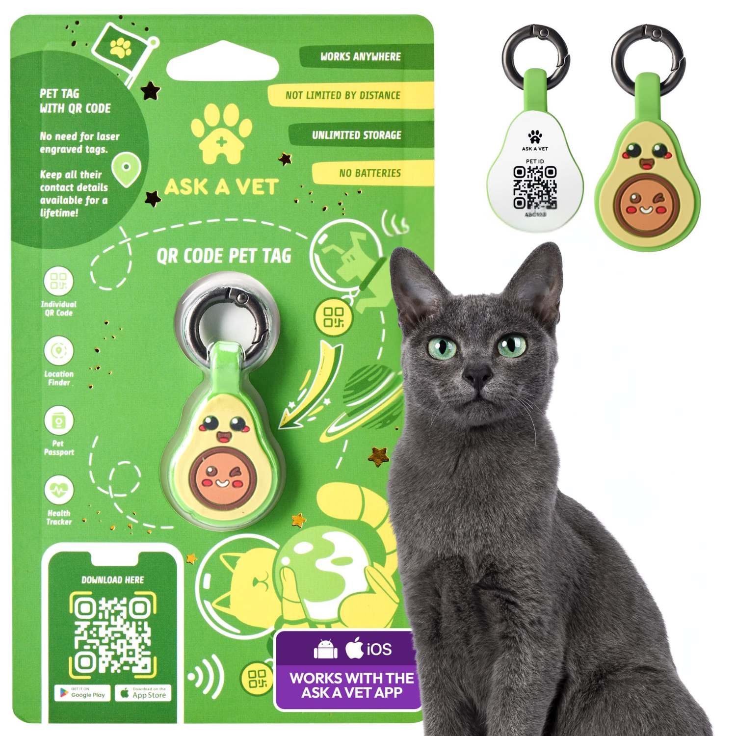 Avocado-shaped pet tag with QR code on a green packaging, next to a gray cat.