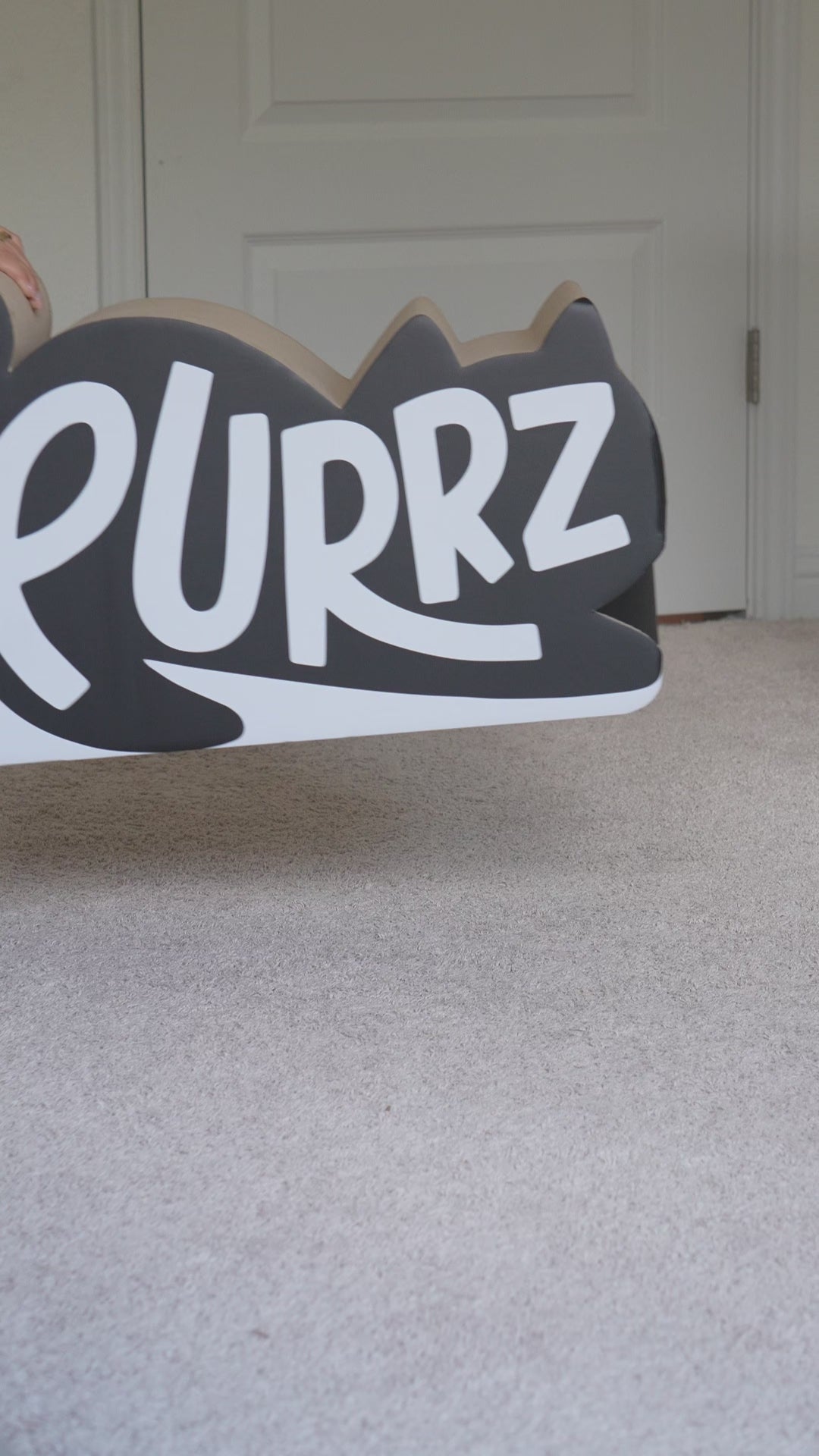 Giant Cat Tunnel, Scratcher Lounge, and Wool Ball Set: Video of a woman sliding the scratcher lounge into the black logo tunnel, a Bengal cat walking through, playing inside and sitting in the lounge