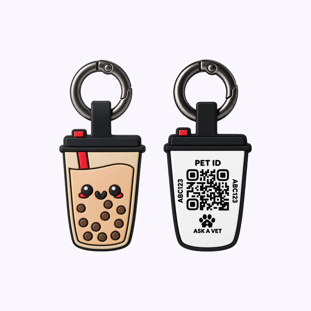 2-Cat Smart ID Tag Bundle: a bubble tea cup tag with a straw and pearls beside its QR code back, each on a key ring