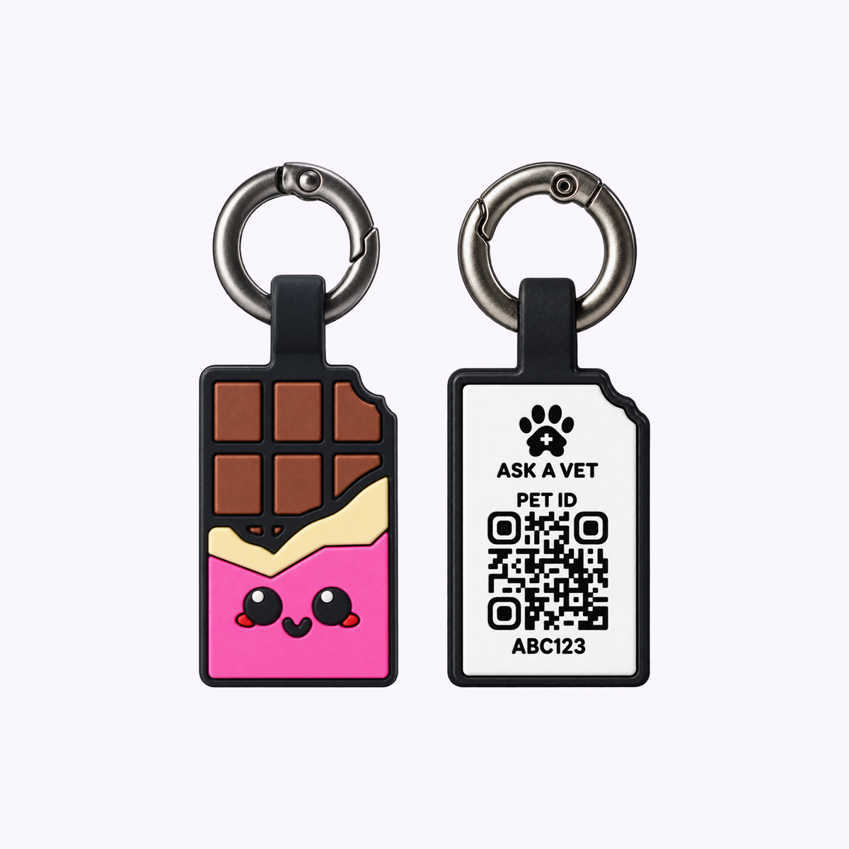 2-Cat Smart ID Tag Bundle: a chocolate bar tag in a pink wrapper beside its QR code back, each on a key ring