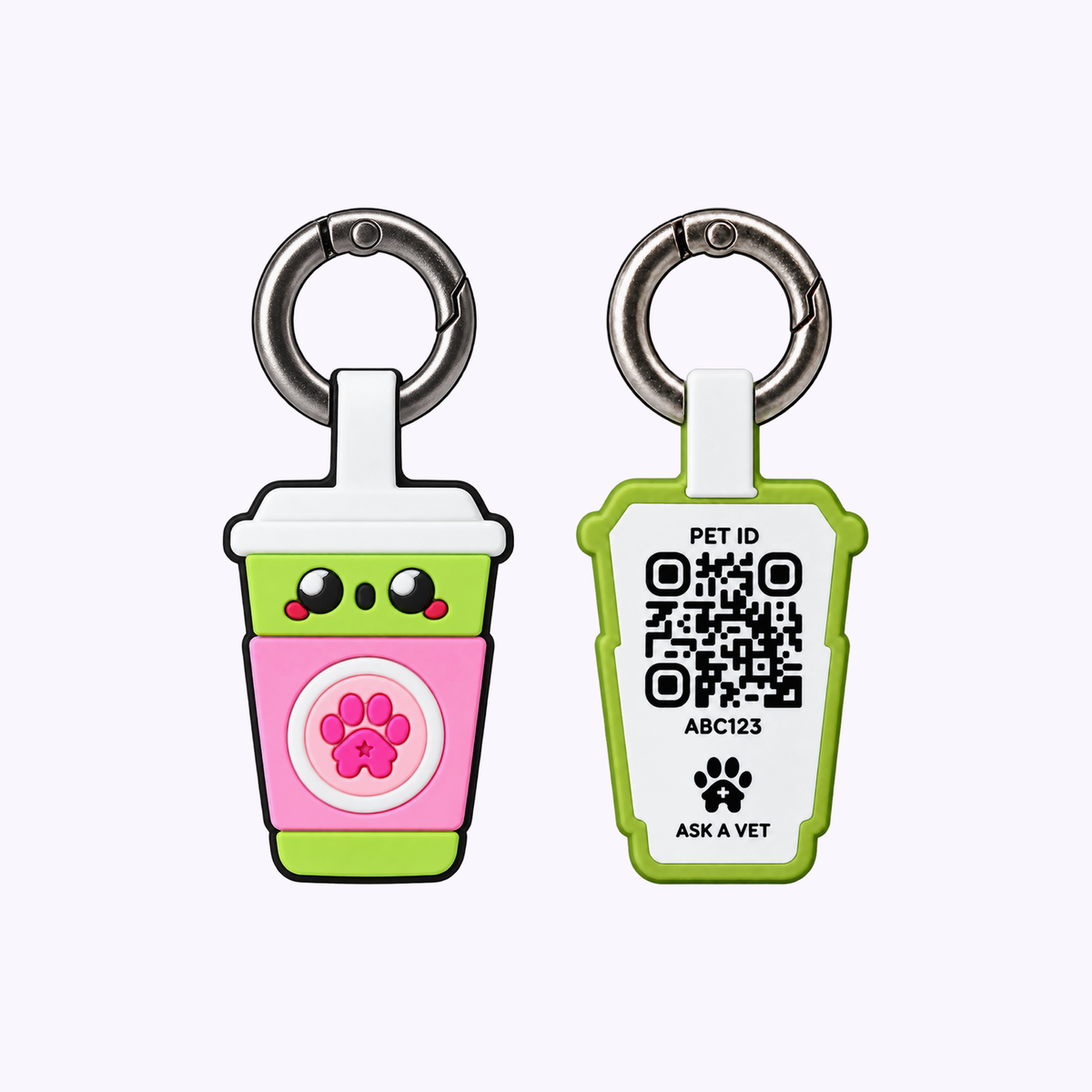 2-Cat Smart ID Tag Bundle: a green tea drink cup tag with a pink blossom beside its QR code back, each on a key ring