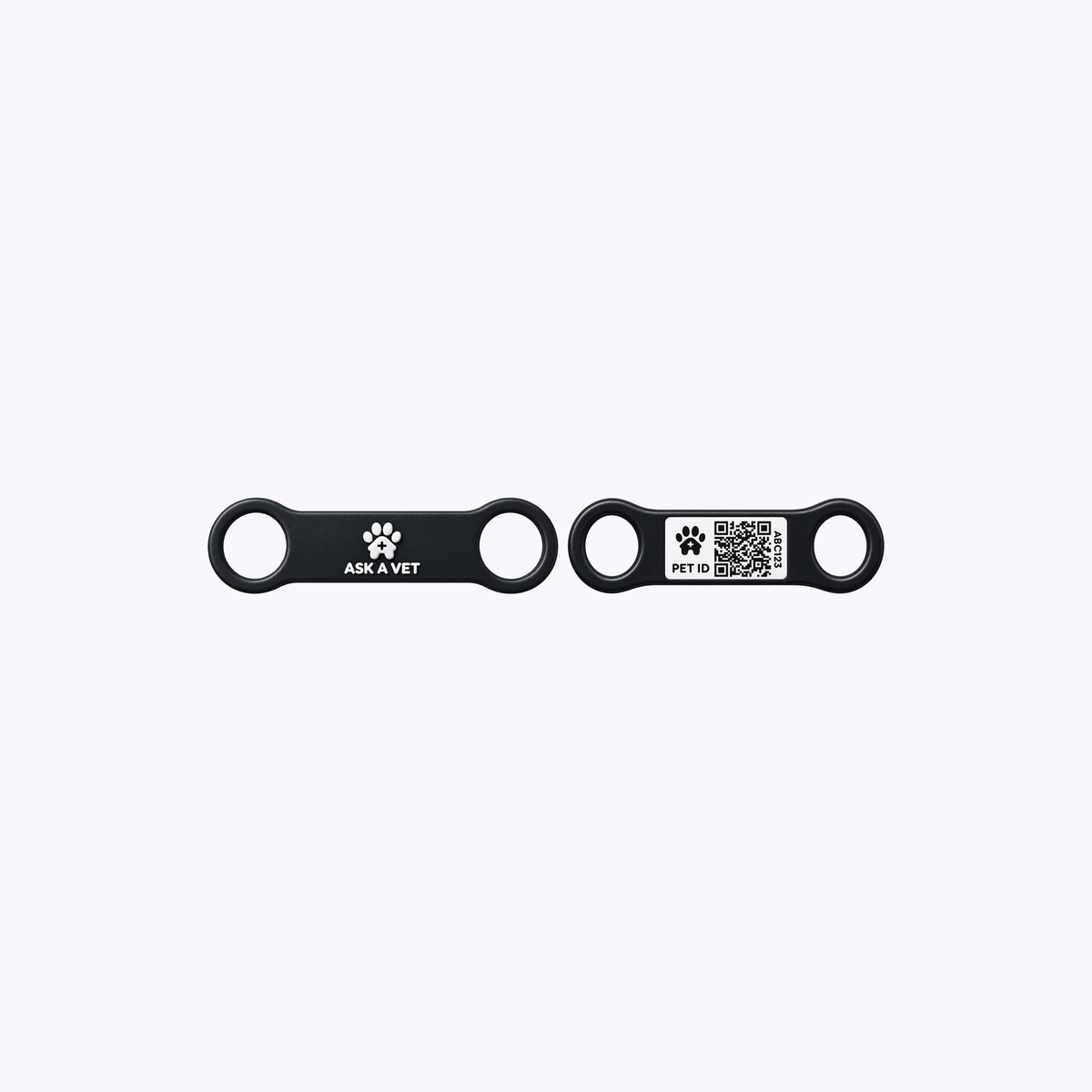 2-Cat Smart ID Tag Bundle: a slim slide-on collar tag with the Ask A Vet paw mark beside its QR code back