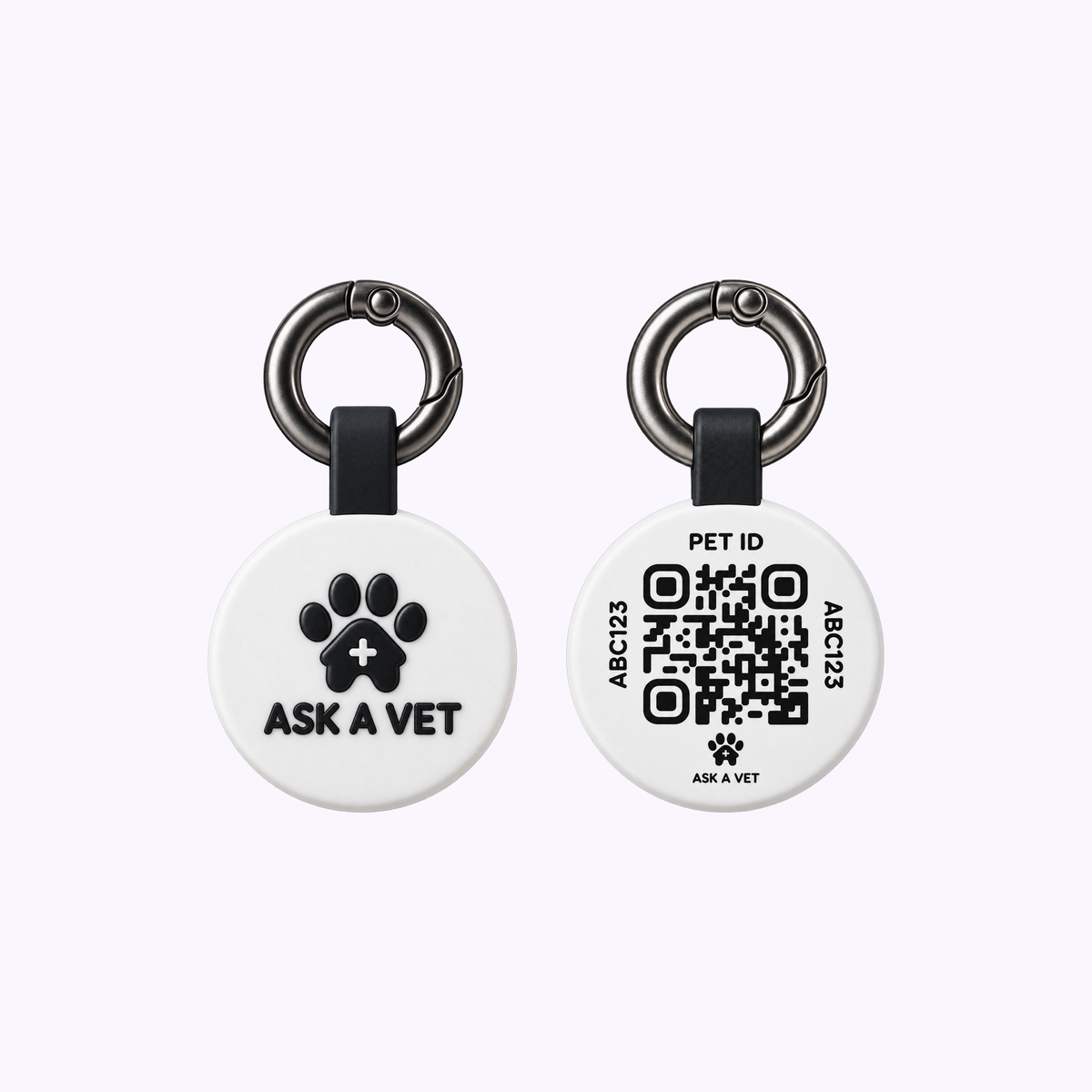 2-Cat Smart ID Tag Bundle: a round white tag with the Ask A Vet paw mark beside its QR code back, each on a key ring