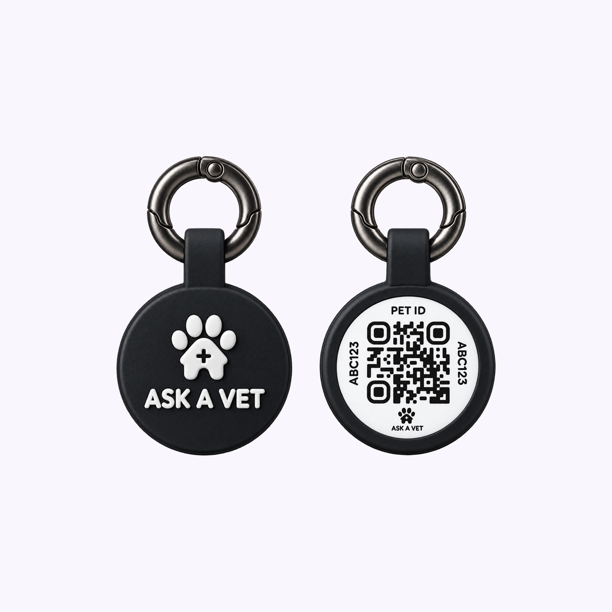 Cat Smart ID Tag: a round black tag with the Ask A Vet paw mark beside its QR code back, each on a key ring