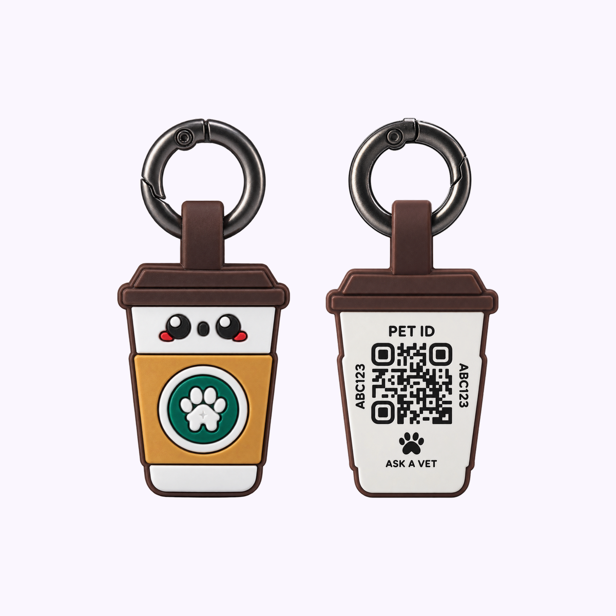 Cat Smart ID Tag: a takeaway cup tag with a paw badge beside its QR code back, each on a key ring