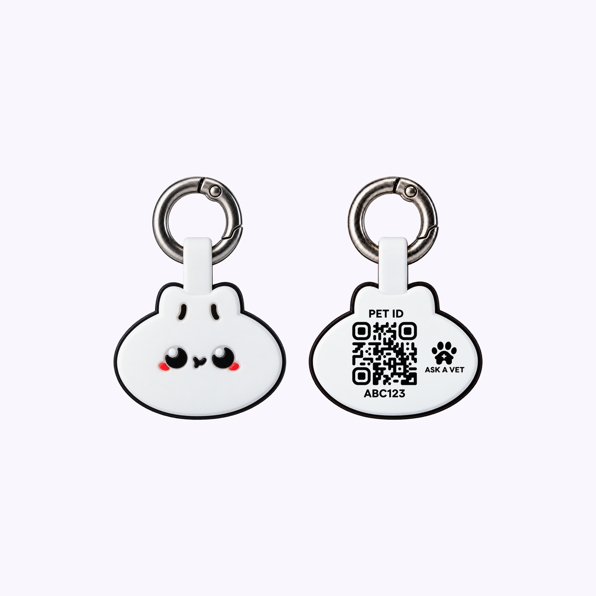 Cat Smart ID Tag: a smiling dumpling-shaped tag beside its QR code back, each on a key ring