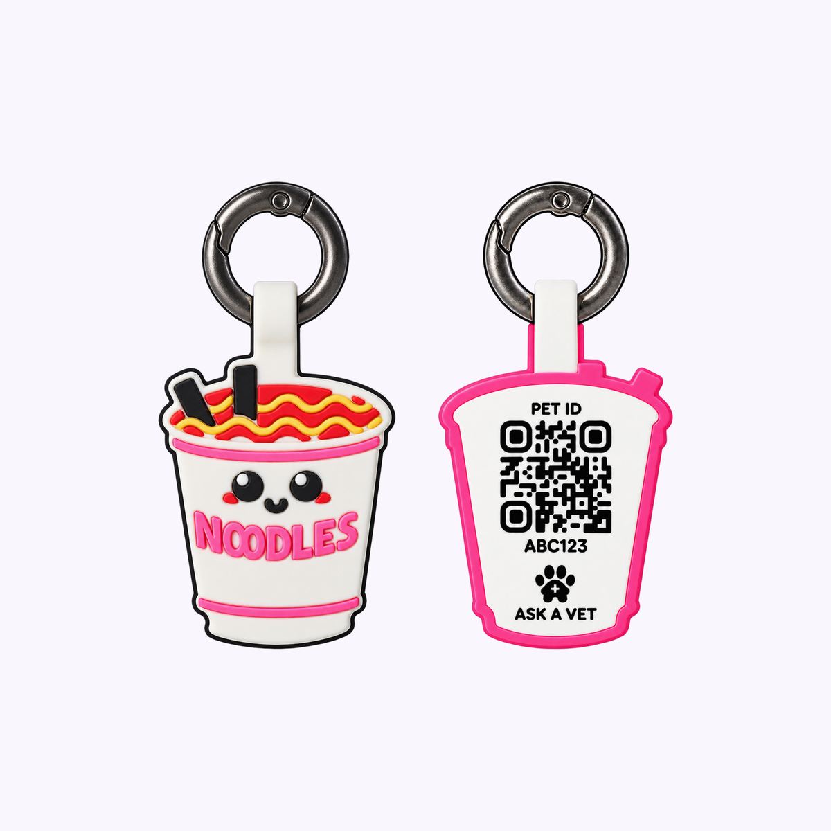 Cat Smart ID Tag: a noodle cup tag with chopsticks beside its QR code back, each on a key ring