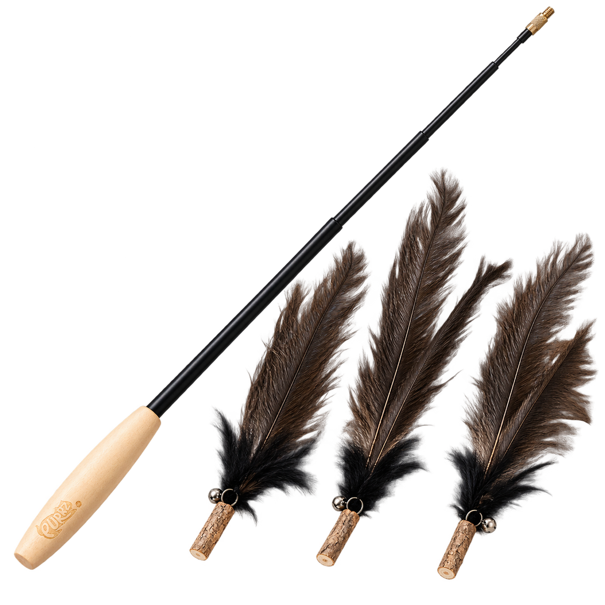 Illustration of the PURRZ™ Retractable Feather Wand with Ostrich Feather Attachments