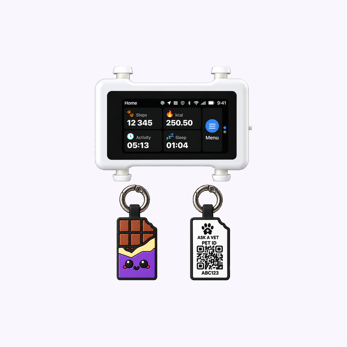 Track & Scan Bundle: illustration of the Chocolate Purple ID tags with the light tracker