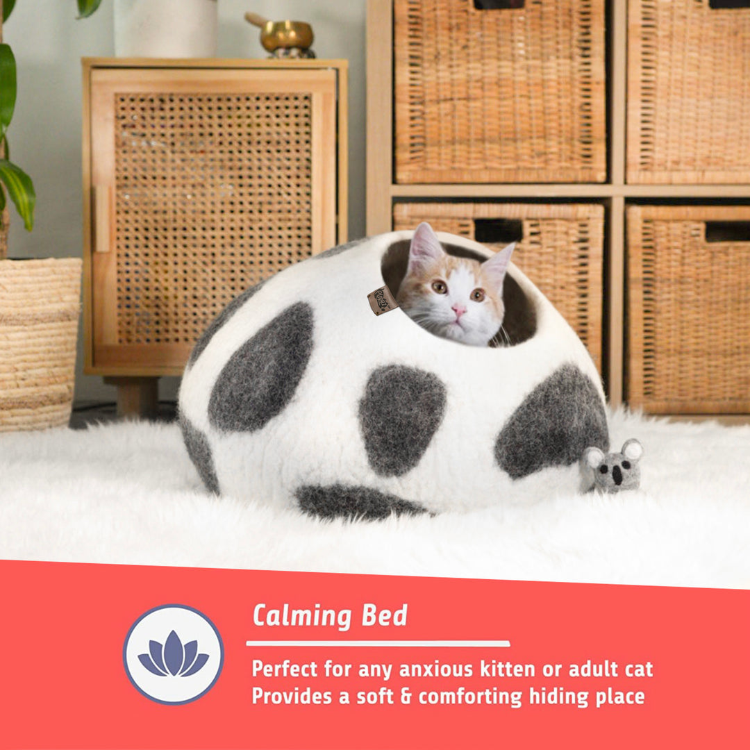 Calming Wool Cat Cave Bed (BLACK COW)