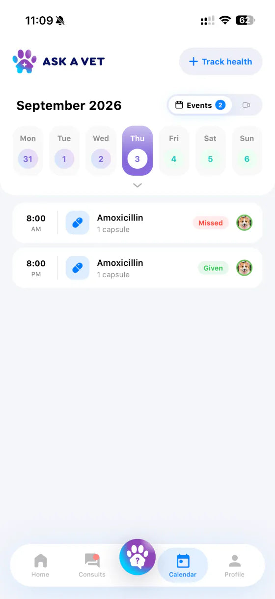Ask A Vet app health calendar screen