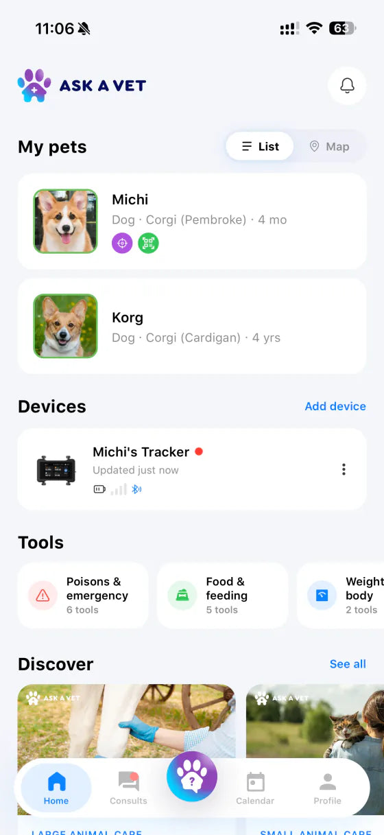 Ask A Vet app home screen