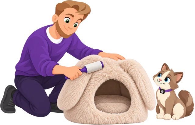 Illustrated man kneeling and drawing a lint roller over the pile of the Cream Bunny Shag Cave, a cat sitting beside it watching