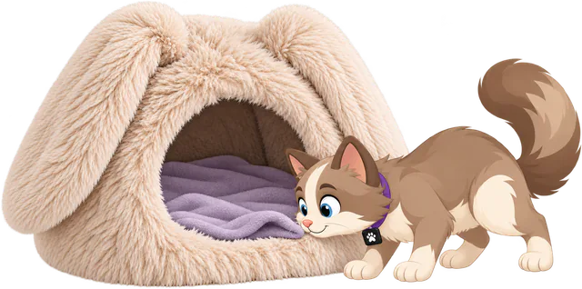 Illustrated cat sniffing a lilac blanket laid inside the Cream Bunny Shag Cave, her head at the door
