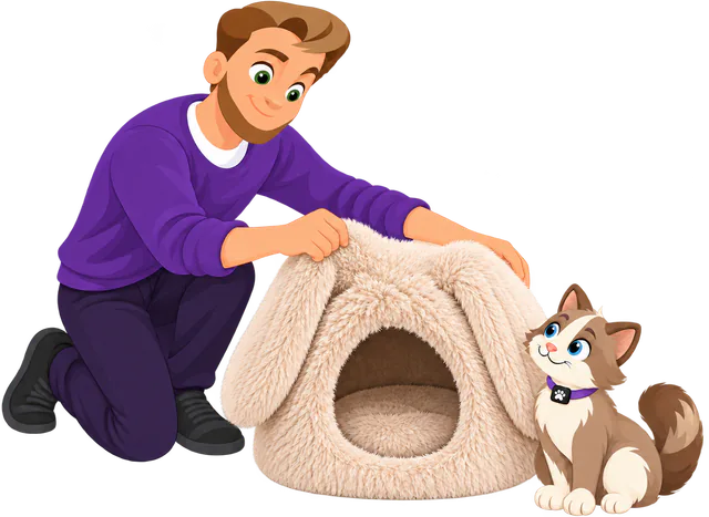 Illustrated man kneeling with both hands on the roof of the Cream Bunny Shag Cave, standing it up, a cat sitting beside it