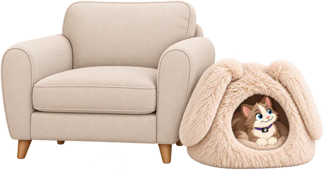 Illustrated Cream Bunny Shag Cave on the floor beside a beige armchair, a cat lying inside looking out of the door