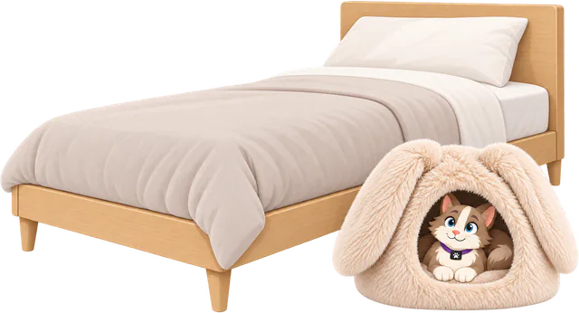 Illustrated Cream Bunny Shag Cave on the floor at the foot of a single bed, a cat lying inside looking out of the door