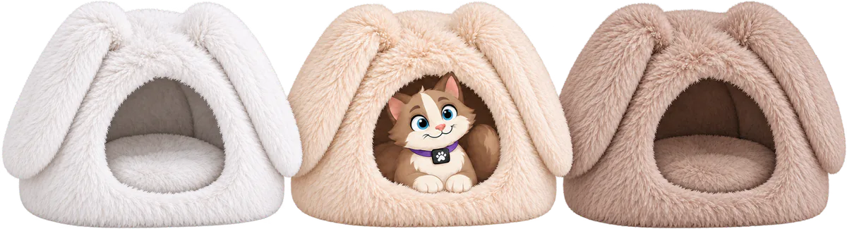 Illustrated Bunny Shag Cave in White, Cream and Brown side by side, a cat lying inside the Cream one