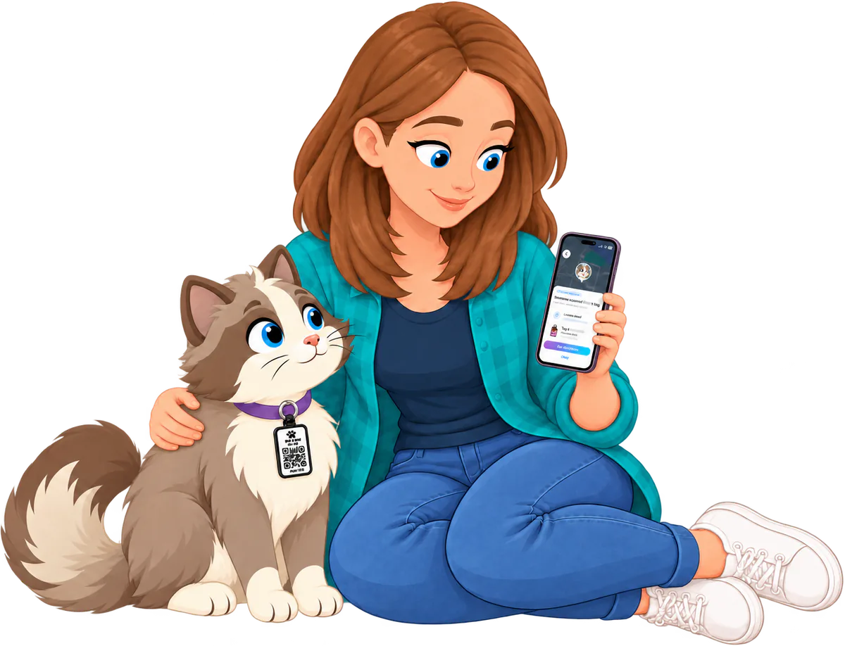 Illustrated woman sitting with her arm round a cat wearing a Cat Smart ID Tag QR side out, her phone showing the Ask A Vet app's scan alert with a Get directions button