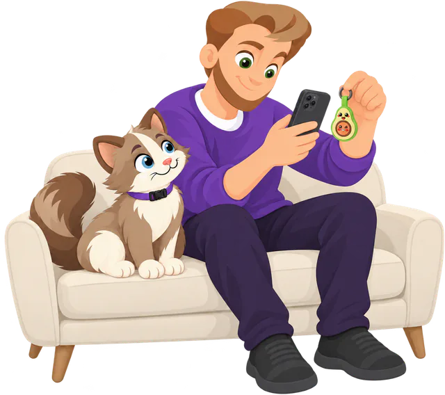 Illustrated man on a couch with a cat, holding his phone in one hand and the Avocado Cat Smart ID Tag up in the other