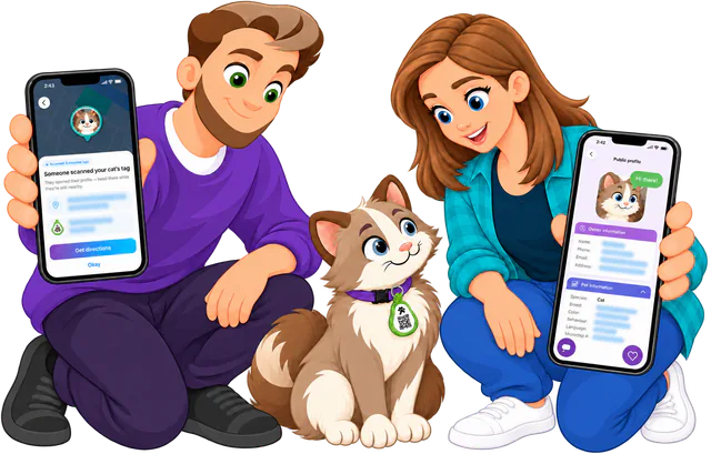 Illustrated man and woman kneeling either side of a cat wearing a Cat Smart ID Tag QR side out, his phone showing the scan alert and hers the public profile