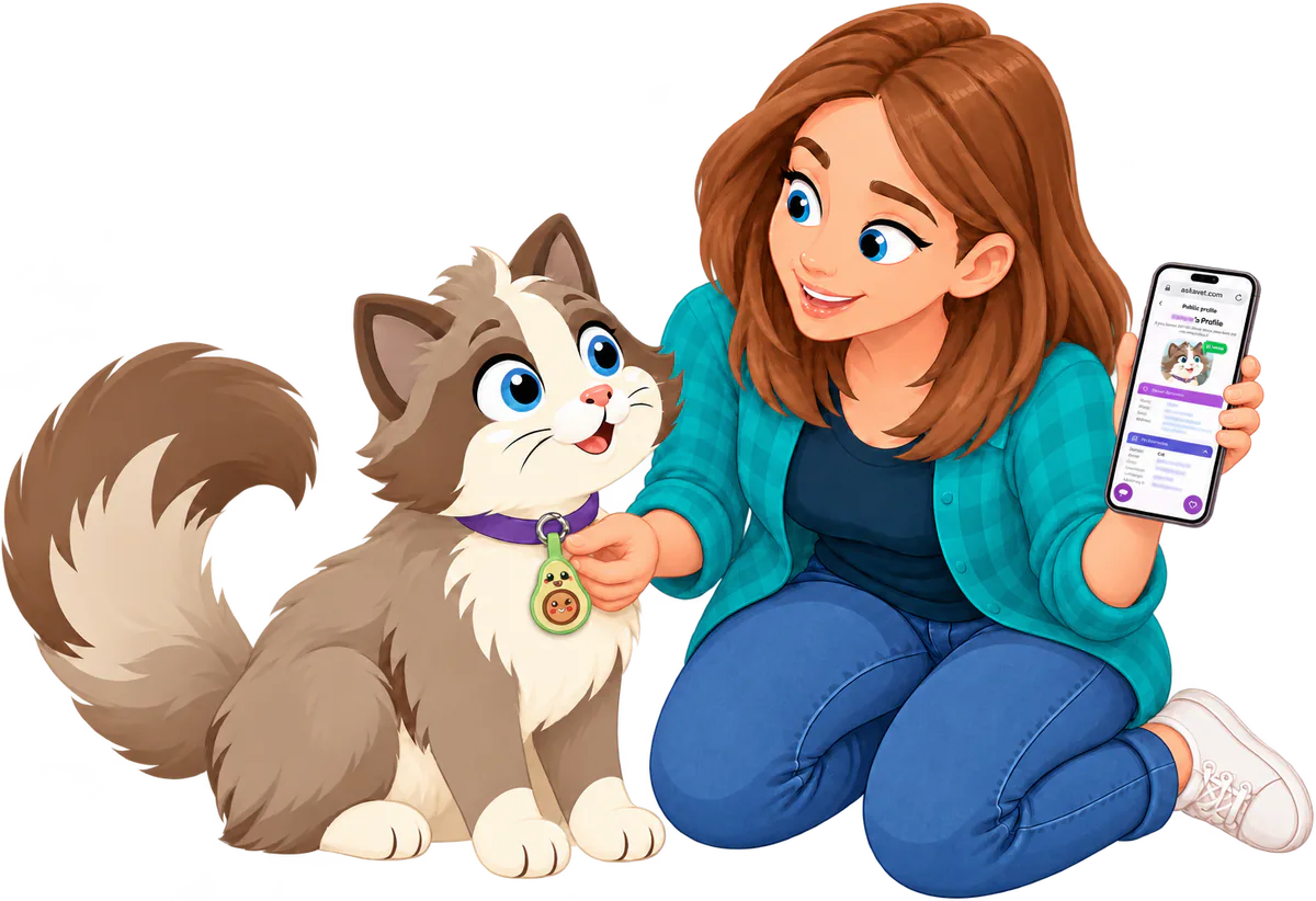 Illustrated woman kneeling beside a cat wearing the Avocado Cat Smart ID Tag, holding up her phone with the cat's public profile open in the browser, the details blurred