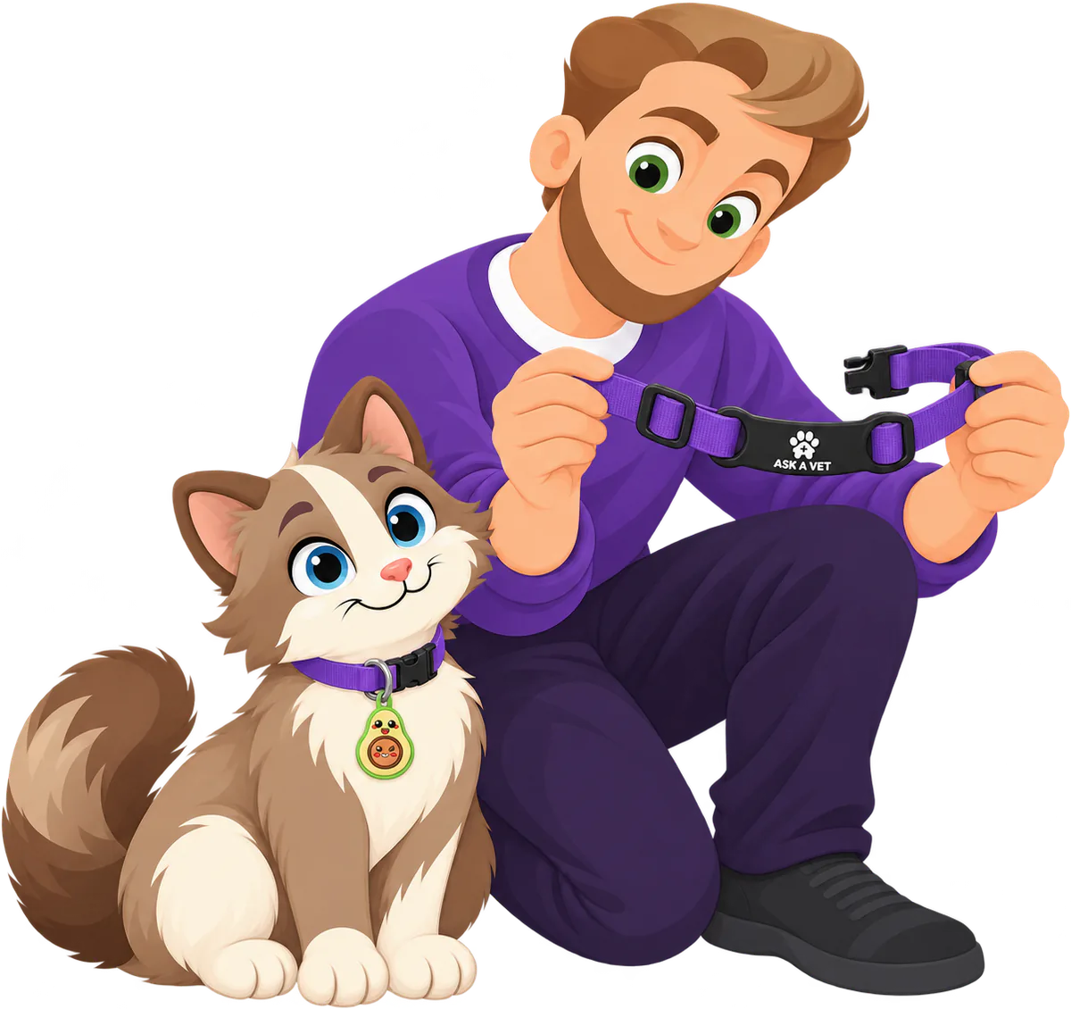 Illustrated man kneeling and holding up a purple breakaway collar, a cat beside him wearing the Avocado Cat Smart ID Tag
