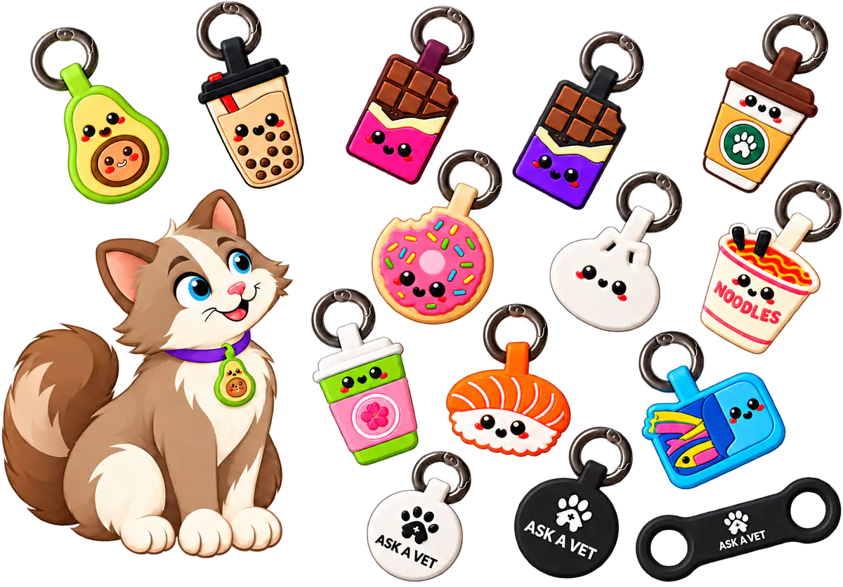 Illustrated cat wearing the Avocado Cat Smart ID Tag, surrounded by all fourteen Cat Smart ID Tag designs including the Slide-On