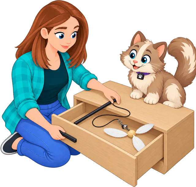 Illustrated woman in a teal checked shirt kneeling to slide a wand with a Cockatoo Helicopter attachment, the white PURRZ™ feather spinner, into an open wooden drawer while a brown and cream cat sits on top watching