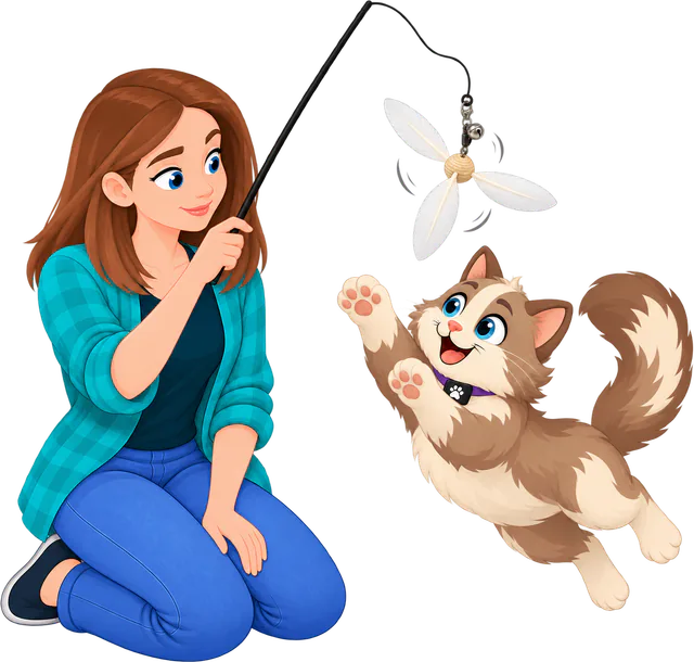 Illustrated woman in a teal checked shirt kneeling and holding a wand high as a Cockatoo Helicopter attachment, the white PURRZ™ feather spinner, spins down and a brown and cream cat leaps for it with a paw raised