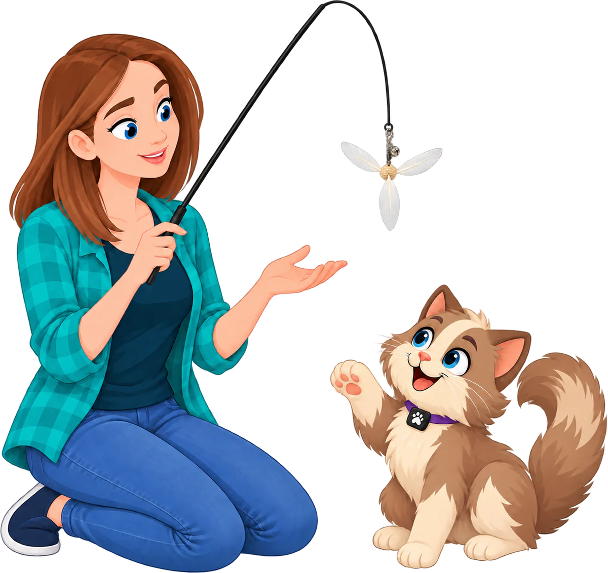 Illustrated woman in a teal checked shirt kneeling with a black wand in one hand, a Cockatoo Helicopter attachment, the white PURRZ™ feather spinner, hanging from its string above her open palm, a cat sitting with one paw raised toward it
