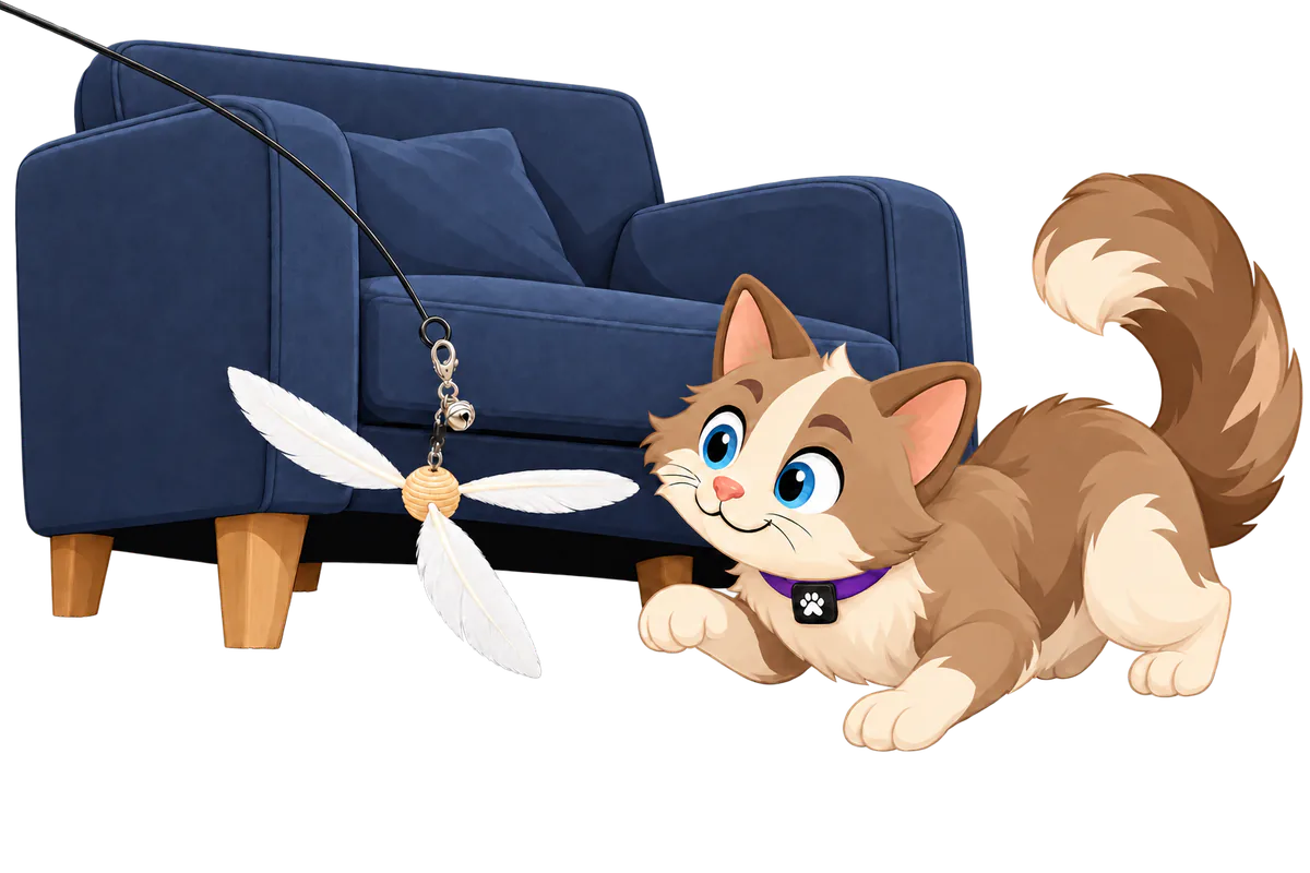 Illustrated brown and cream cat crouched low on a dark floor beside a navy sofa, eyes on a Cockatoo Helicopter attachment, the white PURRZ™ feather spinner hanging from a wand and glowing against the dim room