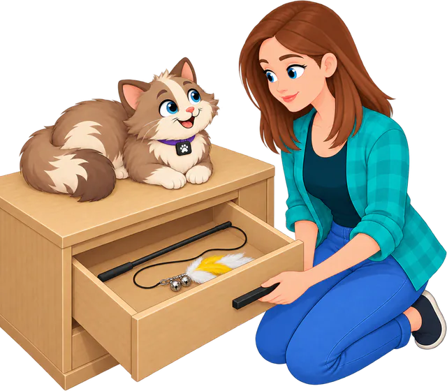Illustrated woman in a teal checked shirt kneeling to close a drawer that holds the wand and its Cockatoo Jingle Jangle attachment, the PURRZ™ feather clip with two bells, while a cat lies on top of the chest