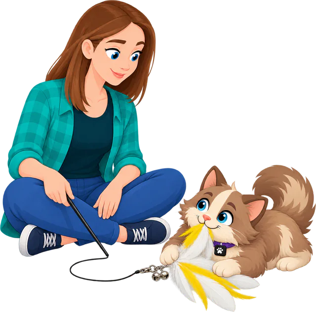 Illustrated woman in a teal checked shirt sitting cross-legged with the wand lowered while a cat lies on the floor holding the Cockatoo Jingle Jangle attachment, the PURRZ™ feather clip with two bells, in its mouth