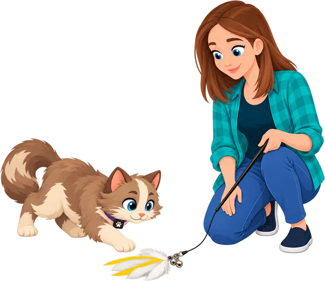 Illustrated woman in a teal checked shirt crouching to drag the Cockatoo Jingle Jangle attachment, the PURRZ™ feather clip with two bells, along the floor on a wand while a cat creeps low toward it with a paw out